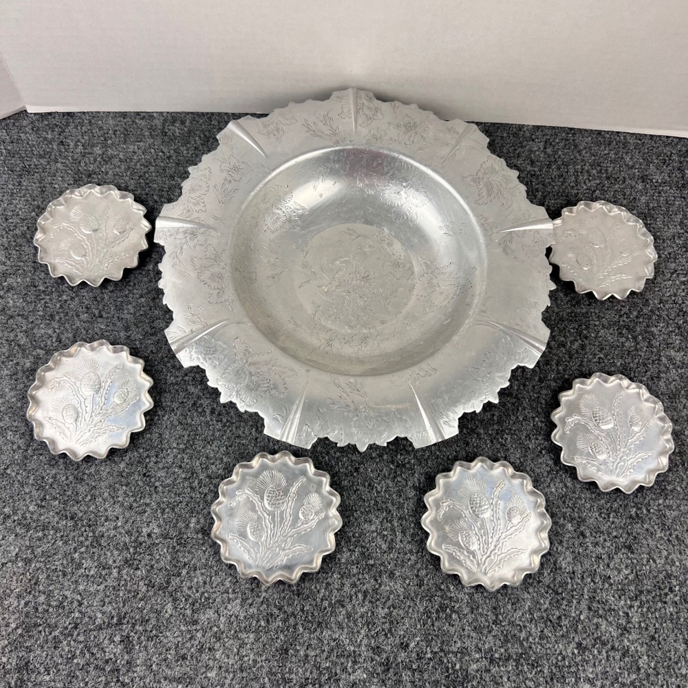 Forman Family Vintage Hammered Aluminum Floral Bowl and 6 Thistle Coaster Set